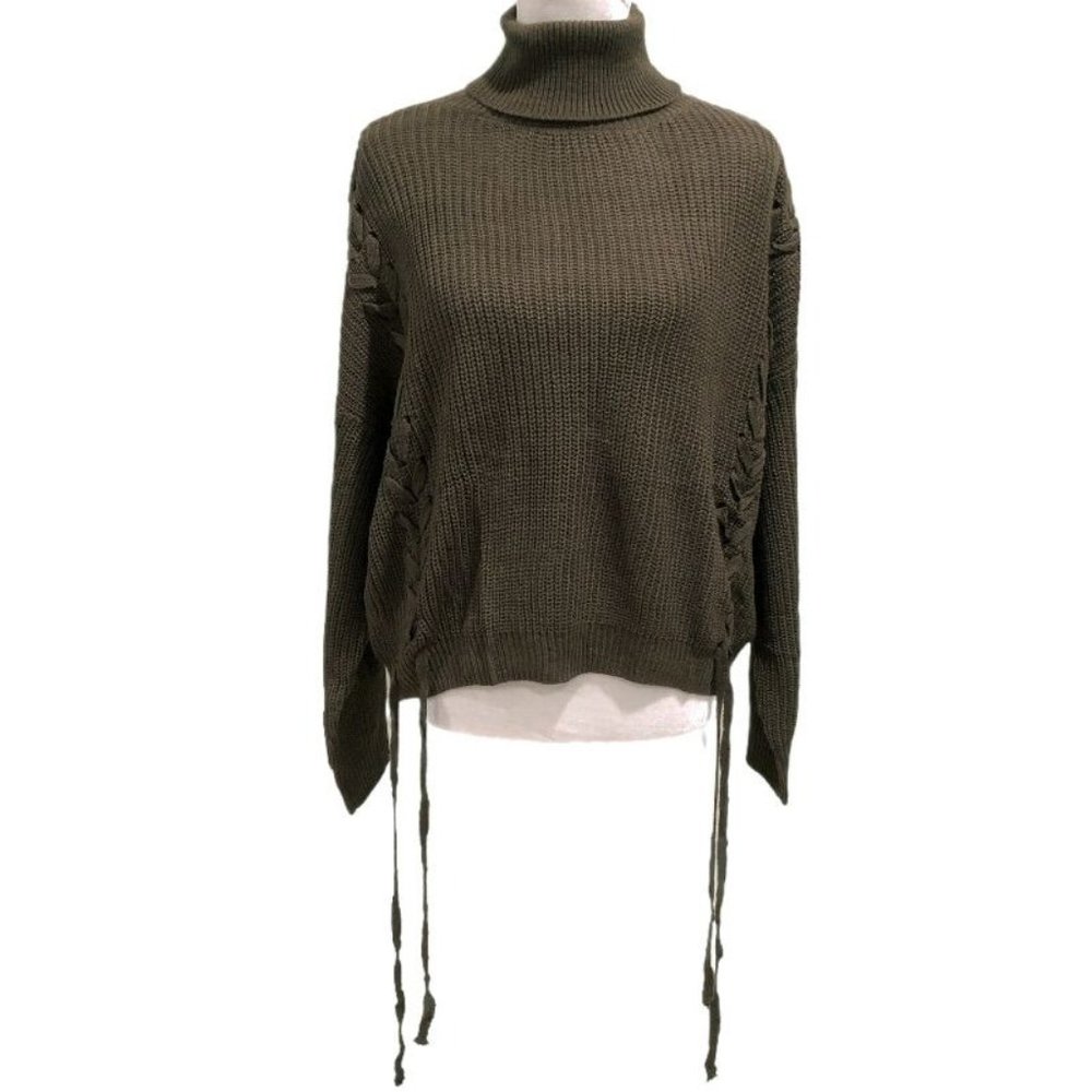 Cupshe Knit Cropped Turtleneck Olive Green Medium Acrylic Lace Ties Oversized